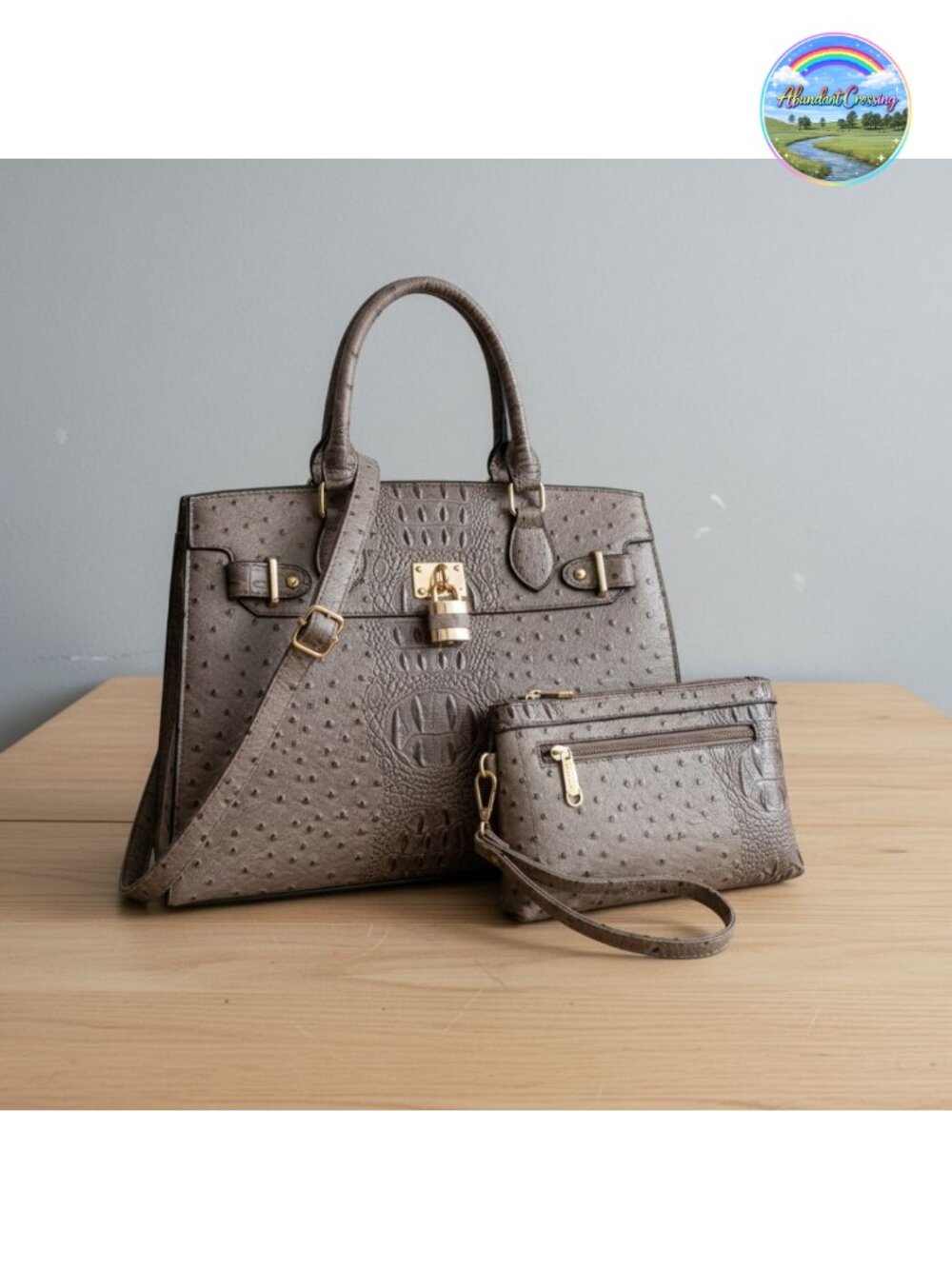 Vegan Leather Satchel Handbag with Matching Clutch and Shoulder Strap